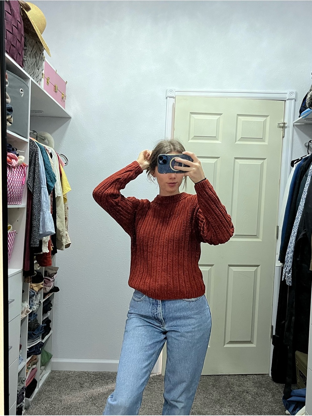 Universal Thread Ribbed Crewneck Sweater in Brick Red